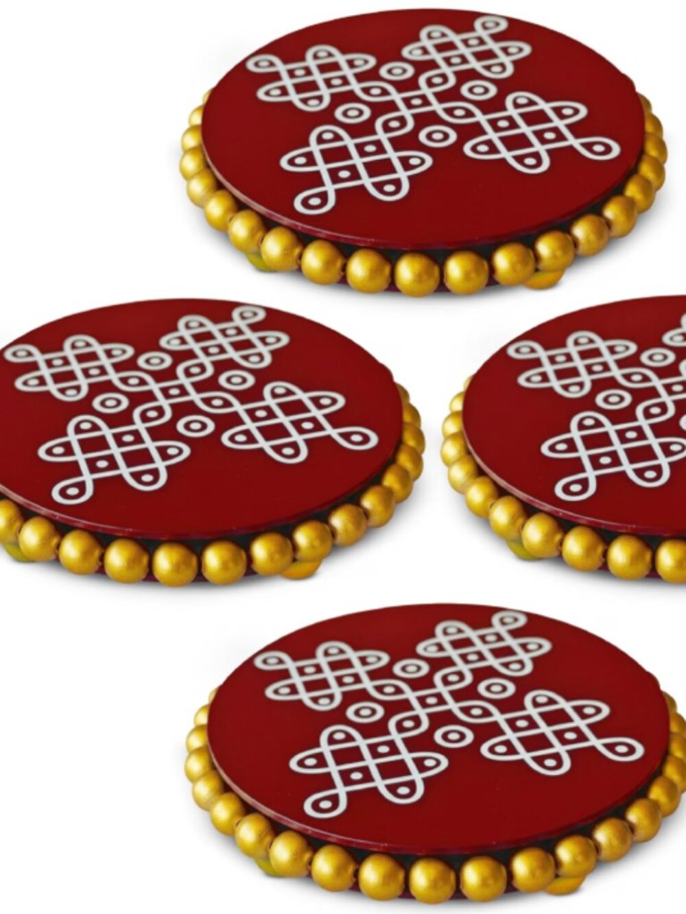 Decorative Round Coffee Table Riser with Gold Beaded Edge, Red Top with kolam